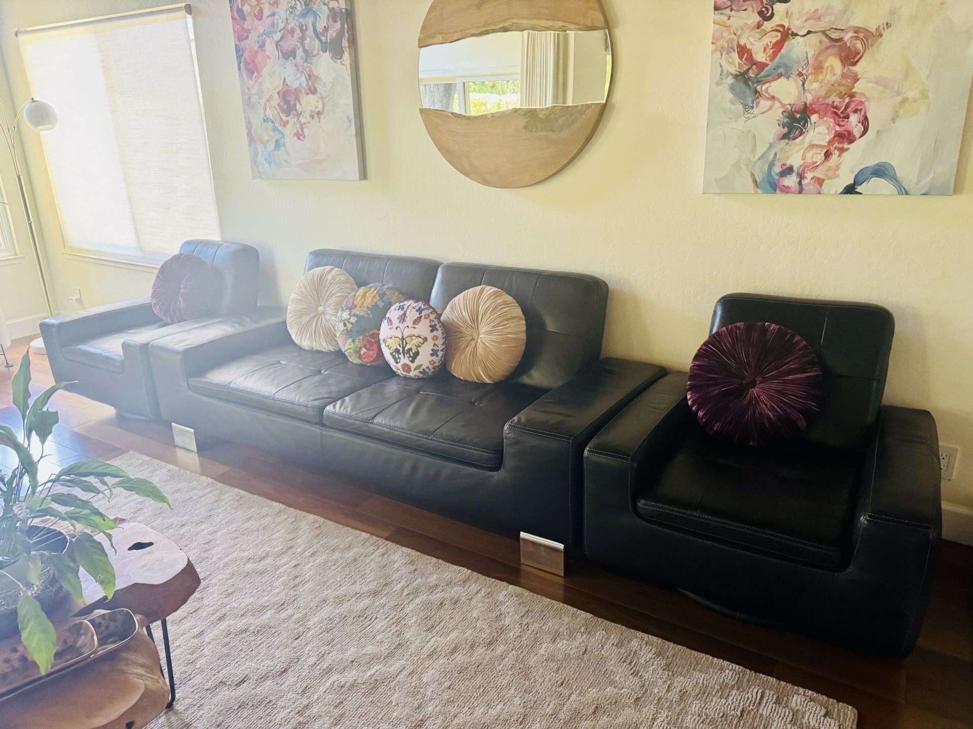 Black Pure Leather Love Seat And 2 Swivel Chairs