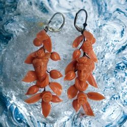 18th Century Coral 14 Karat Yellow Gold Dangle Earrings Victorian Coral Rose & Maiden Face Earrings 