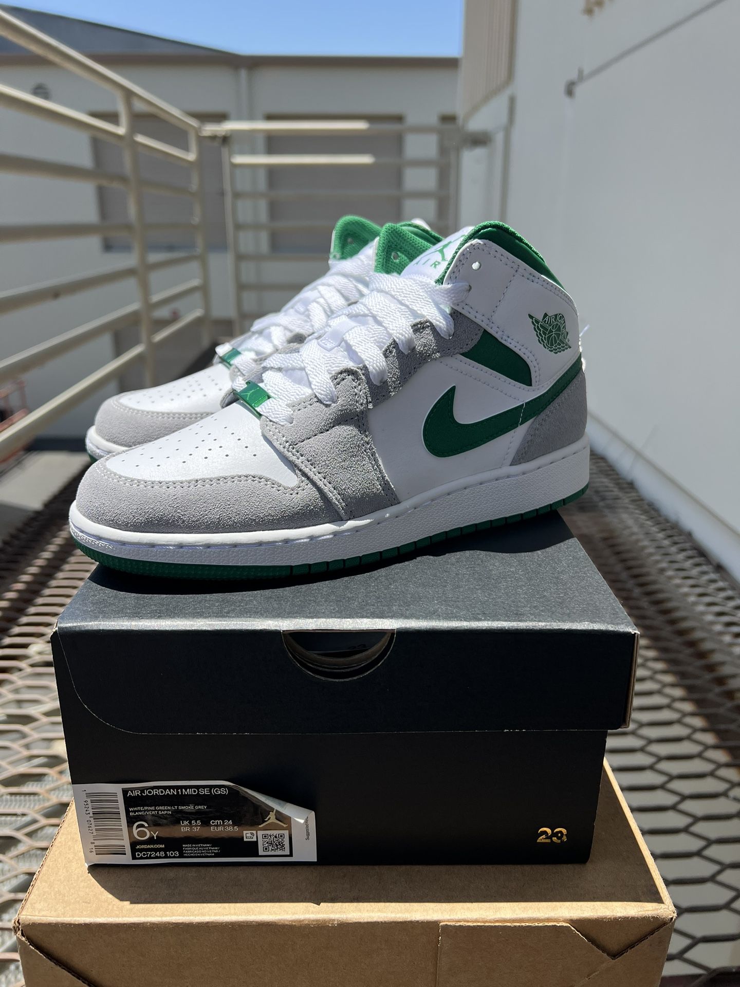 GS Jordan 1 Mid “White Pine Green Smoke Grey” (Size: 6y/7.5w)