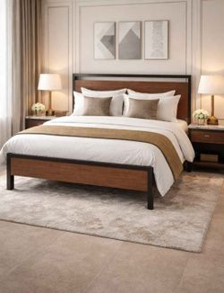Queen bed Metal Platform Bed Frame with Wooden Headboard and Footboard, Mattress Foundation, No Box Spring Needed, Large Under Bed Storage, Non-Slip W