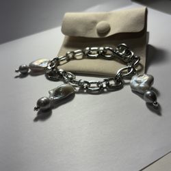 Stainless Steel Rhodium Plated, With Grade A Keshi Pearl And Grey Freshwater 