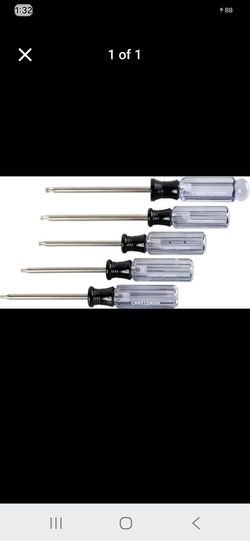 CRAFTSMAN Screwdriver Set, Torx, Acetate Handle, 5 Piece
included Components TX10 X 3-in., TX15 X 3-in., TX20 X 3-in., TX25 X 4-in., TX30 X 4-in. (5)