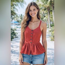 1775 Women’s Rust Ribbed Button-Front Peplum Tank Top – Size Small – Boho Babydoll Camisole