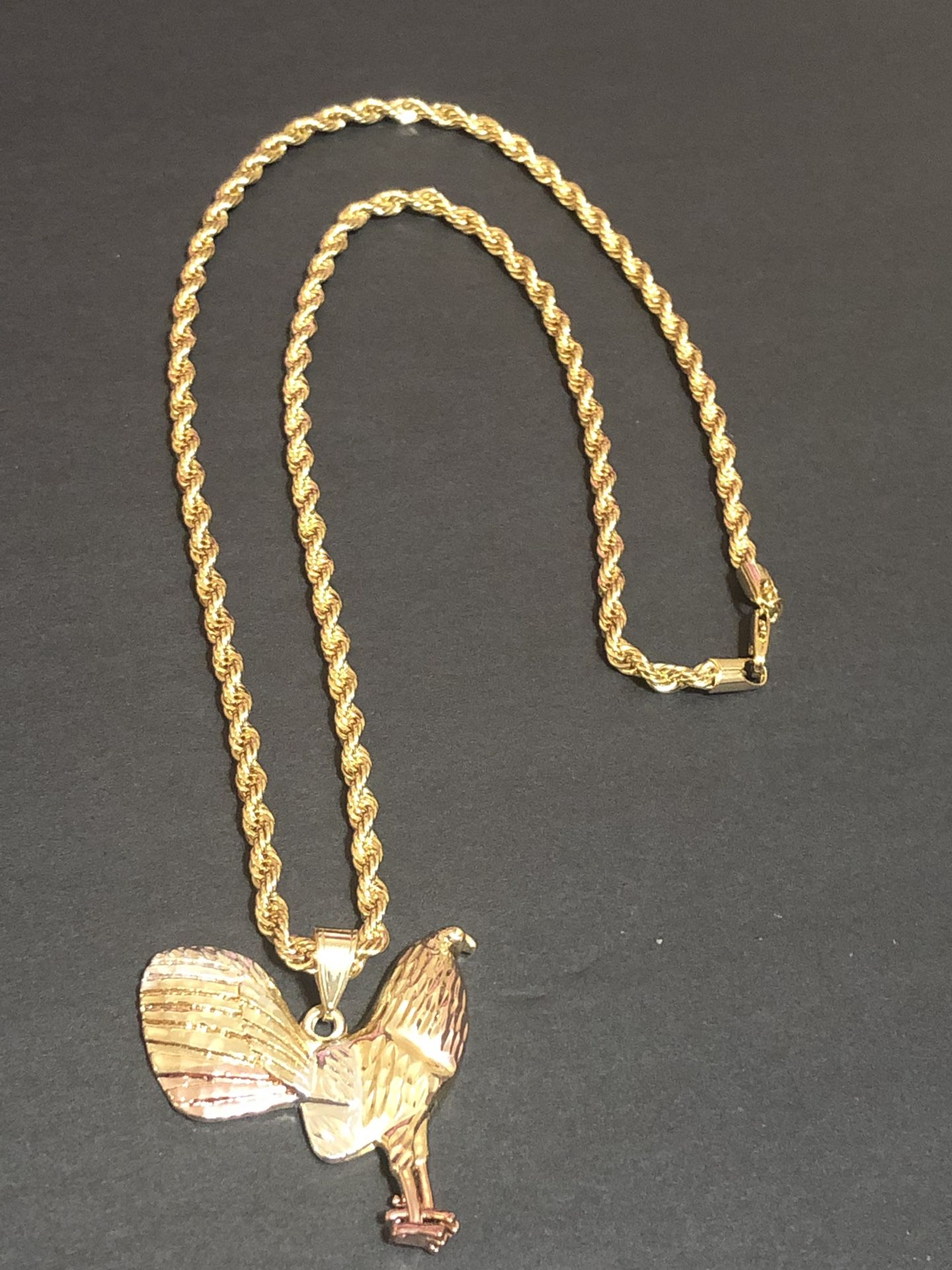 Rope style GOLD PLATED OVER BRASS 4mm Necklace 24inches In Length With Tri Color Rooster Charm