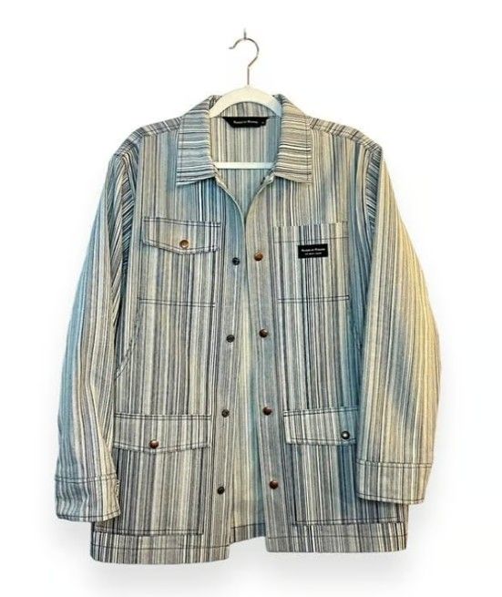 Raised by Wolves Renfrew Work Jacket in Blue/White Hickory Stripe Size M