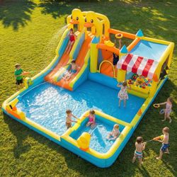 New KloKick Cute Duck Inflatable Water Park with Dual Pools, Slide, Basketball Hoop & 2 Water Guns (E653)