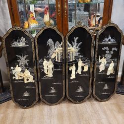 Vintage Oriental Mother of Pearl Wood Black Lacquer Asian Wall Panels