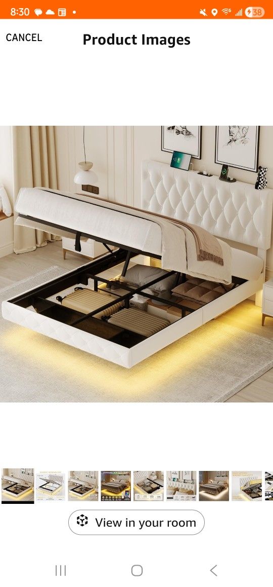 QPLZH Lift Up Storage Bed Frame Queen Size Floating Bed Frame with Adjustable Headboard/LED Lights/Charging Station/Outlet,Velvet Upholstered Tufted 