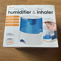 Crane 0.5 Gal. Warm Mist Humidifier, 2 Speed Settings, Medicine Cup, 13 Hour Run Time, Blue/White