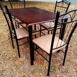 Wood Table w/ 4 Microfiber Padded Chairs Kitchen Dining Set Metal Legs