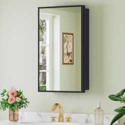 14 x 24 in Framed Medicine Cabinet Mirror for Bathroom, Black Fits 14 x 24 in Rough Opening, 15 x 26 in Mirror Door Size, Recessed or Wall Mount, Adj