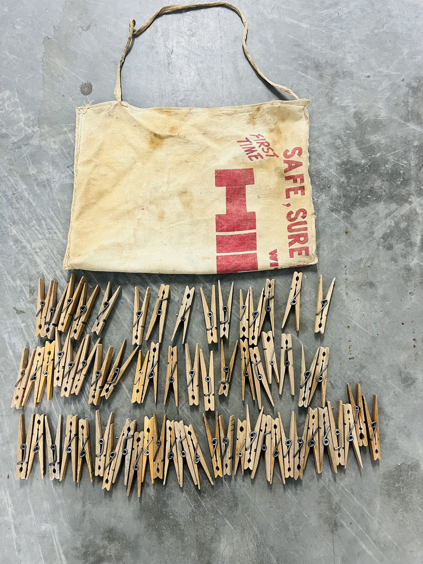 Wood/ Spring ClothesPins(63pcs) w/ VTG Repurposed Hilti Canvas Apron/ Hand-Made ClothesPin Bag