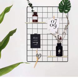 Photo Wall Panel, Wire Wall Grid, Wall Grid Panel, Grids Panel Set of 4, Decor Grid Panel, Photo Display Shelves, Hooks, Clips, 15.7" × 11.8", Black