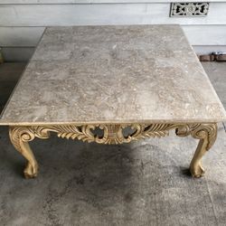 Carved Wood & Marble Claw-Foot Coffee Table