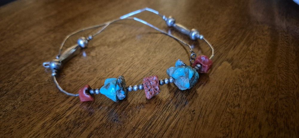 Native American Silver Coral And Turquoise Necklace