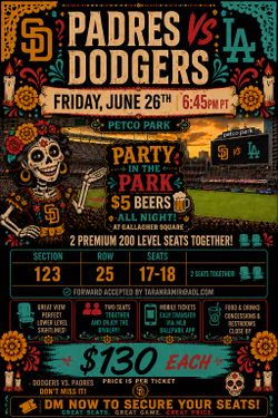 🔥 Padres vs Dodgers Tickets – Section 123 Row 25 | $130 Each | Party in the Park 🍻