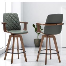 Bar Stools Set of 2, Upholstered Faux Leather Counter Height Bar Stools, Swivel Barstools with Wooden Arms and Legs (Green, 30" Seat Height)