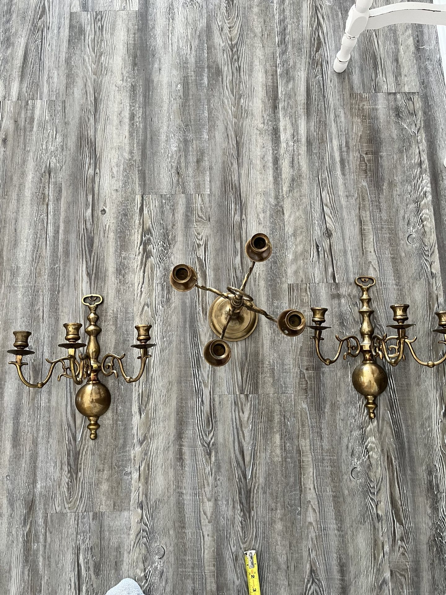 Vintage Antique 3 Piece Solid Brass Candle Holder Centerpiece & Matching Sconces