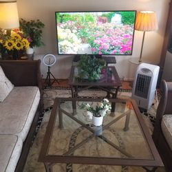 EXCELLENT CONDITION  TWO  MATCHING COFFEE & END TABLES, MADE WITH METAL AND GLASS, BEAUTIFUL. BOTH $70