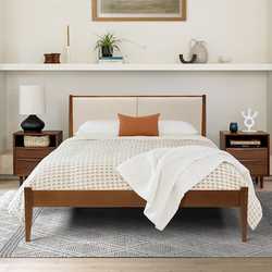 Beige Upholstered Headboard and Wood Frame Set, Queen
