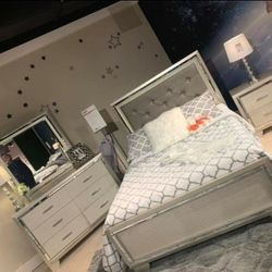 Lonnix Silver LED Upholstered Panel Bedroom Set (Queen and King Bed Frame