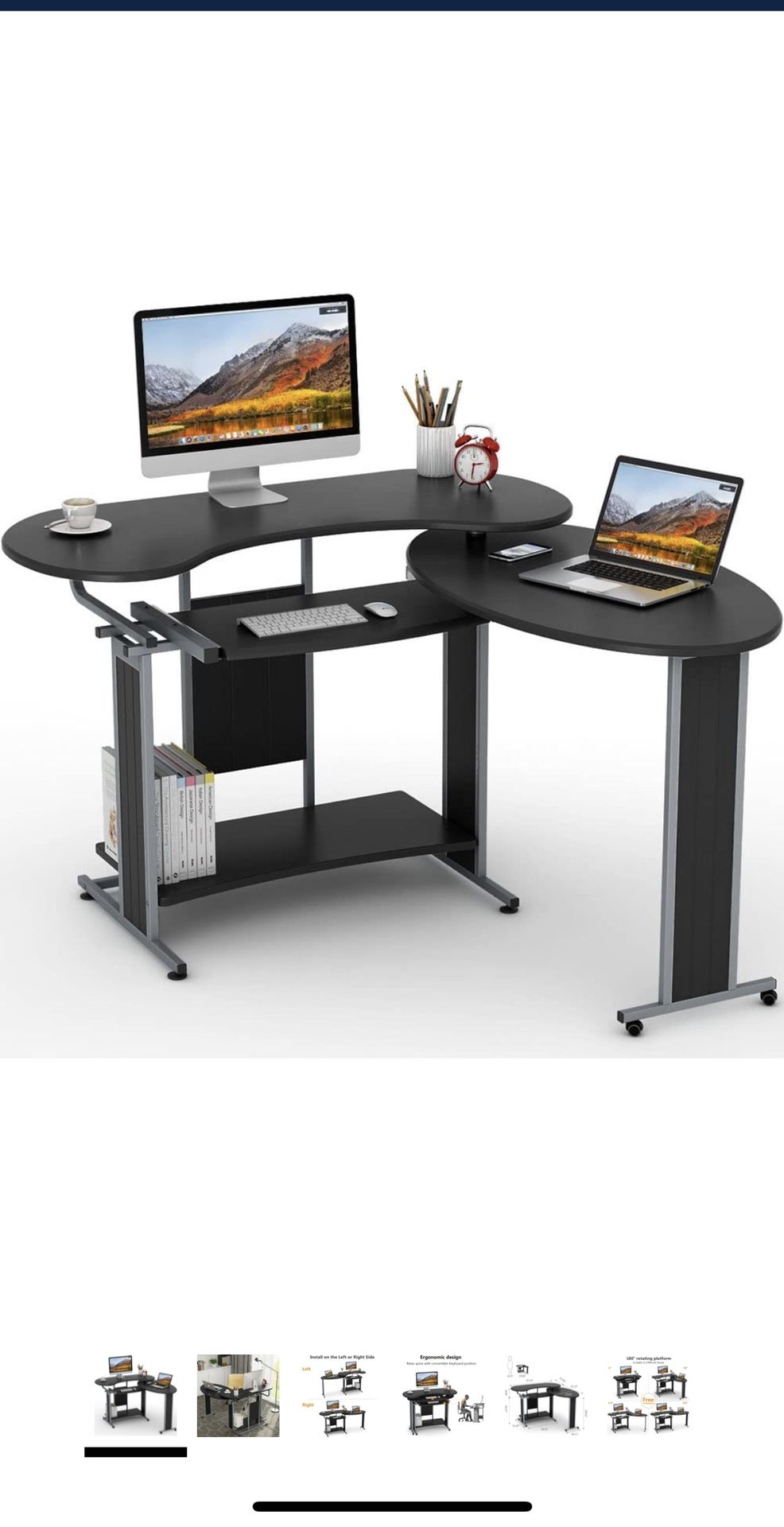 LITTLE TREE L-Shaped Computer Desk, Rotating Corner Desk & Modern Office Study Workstation, for Home Office or Living Room (Black)