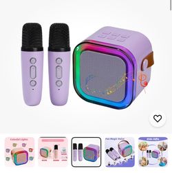 Mini Karaoke Speaker with 2 Wireless Microphones, Voice Effects,Led Lights