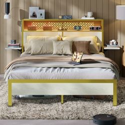 NEW Platform Queen Bed Frame W/ LED & Foldable Bedside Shelves & LED Storage Headboard Charge Station, White !
