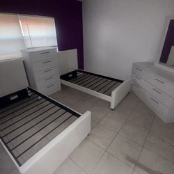 2 Twin Bed Frame With 2 Mattress Set  And Dresser And Mirror And A Chest. . All New Furniture And Free Delivery Free Installation 