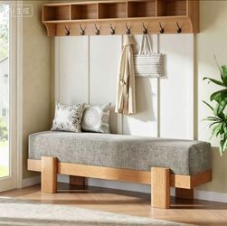 Farmhouse Gray Upholstered Entryway Bench, Solid Wood Leg Padded Shoe Bench for Hallway