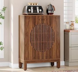 New assembled Farmhouse Sideboard Cabinet with Storage, Wooden Buffet Cabinet with Round Louvered Doors & Removable Shelves for Kitchen, Living Room, 
