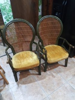 2 /1950s. Spanish Bamboo /Rattan Peacock Arm Chairs With Original Cushions Both Included In Price