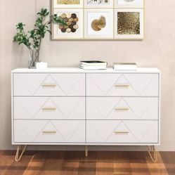 White, Modern, 6 Drawers with Gold Tone Metal Handles & Legs