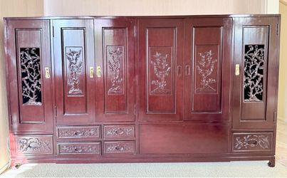 Large Hand-Carved Chinese-Style Solid Wood Armoire Cabinet