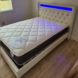 White faux leather Queen bed frame w/ LED