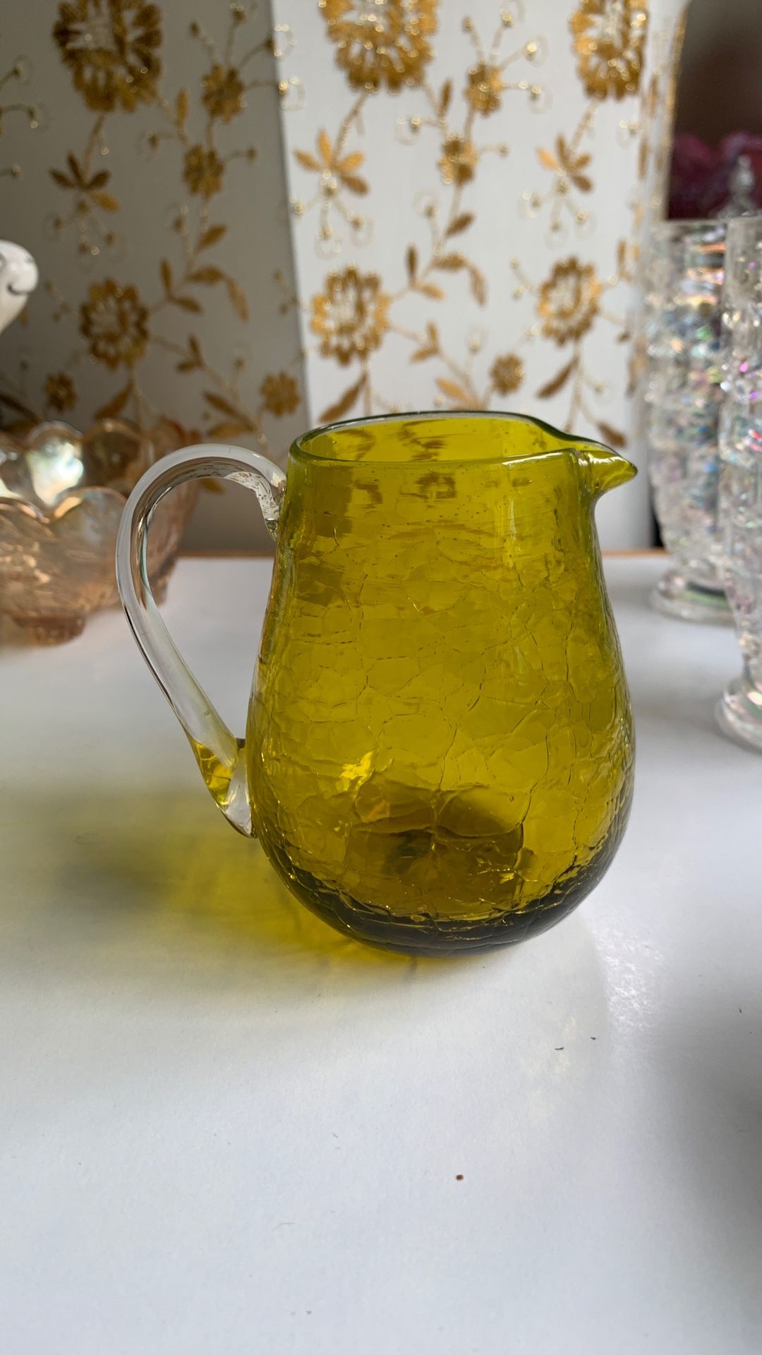 Small Yellow Crackle Pitcher Attached Handle-Blenko?