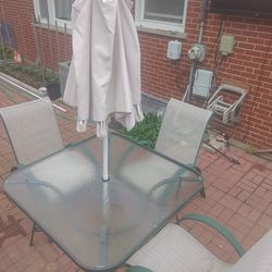 Patio Set, Table,  3 Chairs Umbrella 