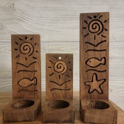 Set Of 3 Wooden Candle Holders 