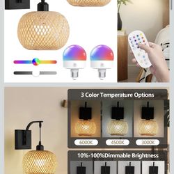 Rattan Wall Sconces Set of 2 – Battery Operated, Remote, RGB Dimmable – New in Box 