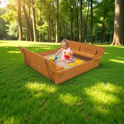 47x47in Kids Large Wooden Sandbox for Backyard, Outdoor Play , 2 Foldable Bench Seats, Sand Protecti