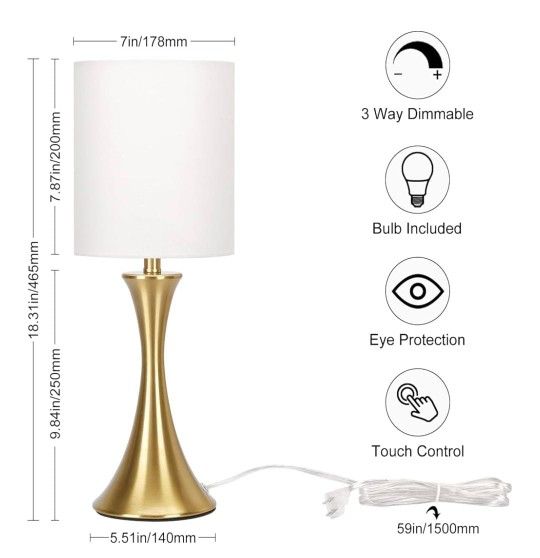 Gold Bedside Lamp Touch Control Table Lamp for Bedroom, 3-Way Dimmable Nightstand Lamp with White Shade, Modern Table Lamp for Living Room, Minimalist