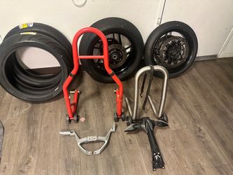 Motorcycle Wheels, Tires, and Paddock Stands Lot