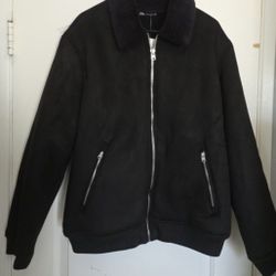Men's Jacket Zara Vegan Leather Suede Jacket Sherpa Black XL