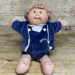 Vintage Cabbage Patch Coleco Boy Tan Hair Green Eyes One Dimple w/ Velvet Outfit