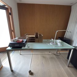 Room & Board Parsons 72W 36D Stainless Steel Satin Etched Glass Desk/Table + Storage