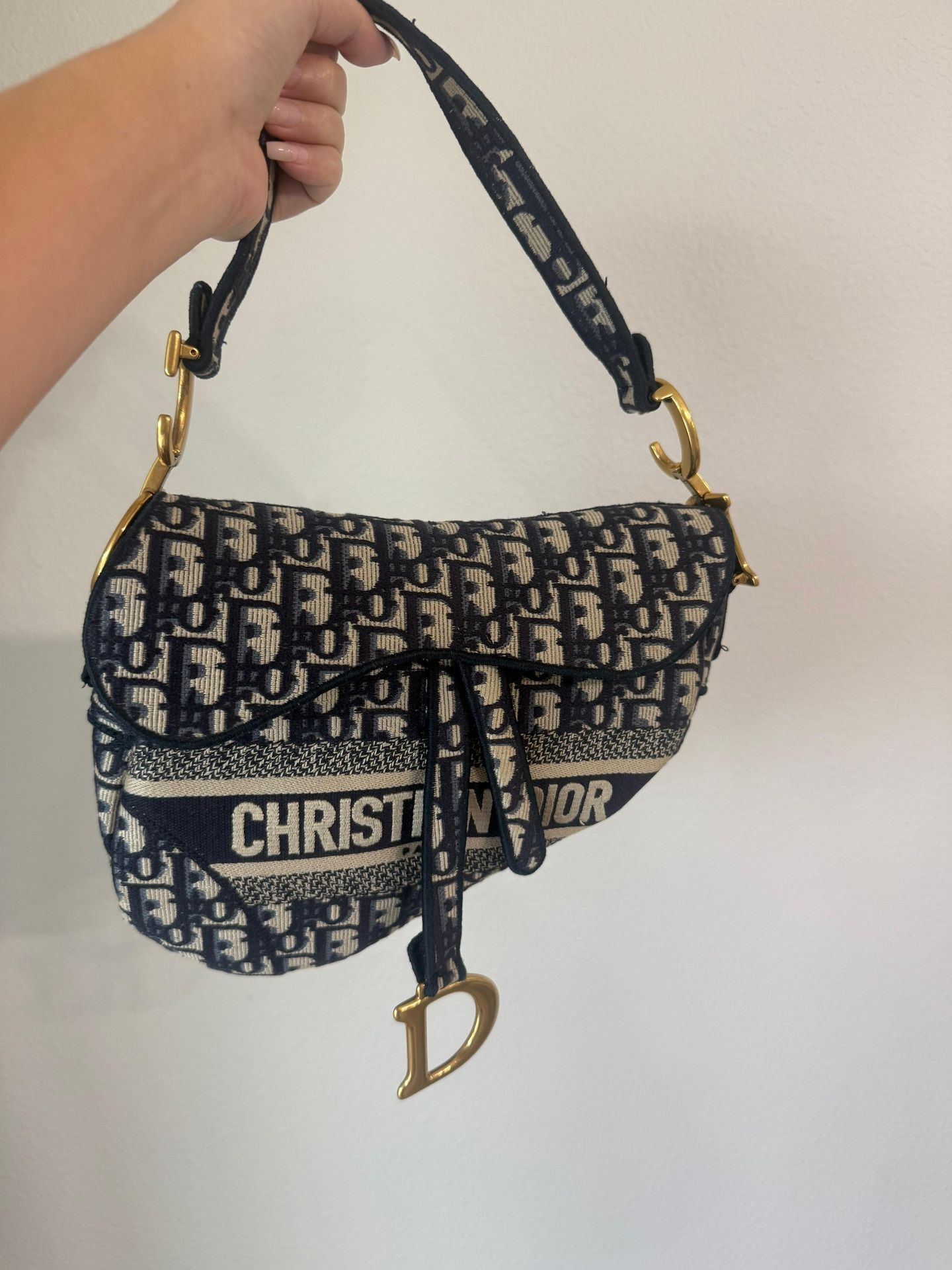 Auth DIOR Saddle Bag Navy Cream Jacquard Leather Handbag with extra strap