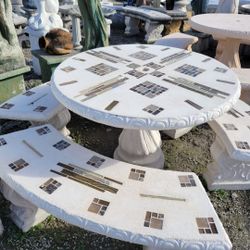 Concrete Mosaic Picnic Table with 3 Benches/ Outdoor Patio Furniture / Patio Set