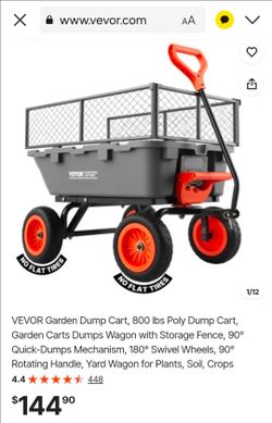 VEVOR Garden Dump Cart, 800 lbs Poly Dump Cart, Garden Carts Dumps Wagon with Storage Fence, 90° Quick-Dumps Mechanism, 180° Swivel Wheels, 90° Rotati