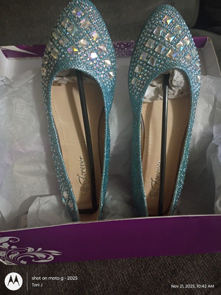 Forever Light Blue With Rhinestone Ballet Flats Size 6.5,7.5,And 8.5