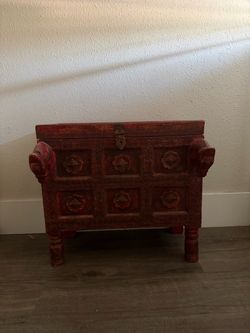 Antique Red Carved Wooden Trunk Chest